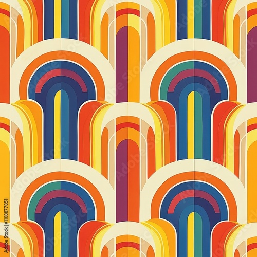 A vibrant retro-inspired design featuring overlapping rainbow arches in bold hues of orange, red, blue, and yellow. Perfect for vintage-themed projects, wallpapers, and textile designs. AI generated. photo