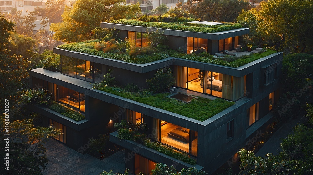 Picture of Green roof highend urban residence captured from a drone during sunset ...