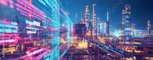 Wallpaper Mural Digital Transformation in the Industrial Landscape: A mesmerizing digital overlay of code and data streams across a vibrant nighttime cityscape. Torontodigital.ca