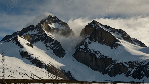 Snow blowing off mountain peaks, Torres del Paine, Chile. photo