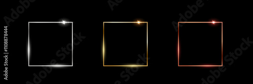 Gold, silver and bronze square frames. Metal thin photo or picture frames isolated on black background. 3d realistic empty template vector illustration set. Simple object mockup.