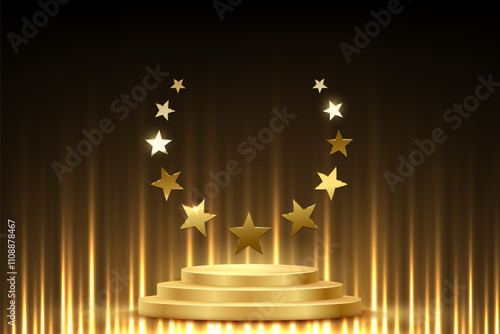 Gold award podium with star wreath frame. Empty 3d golden stage with glowing light rays on black background. Abstract vector illustration for award ceremony or product presentation.