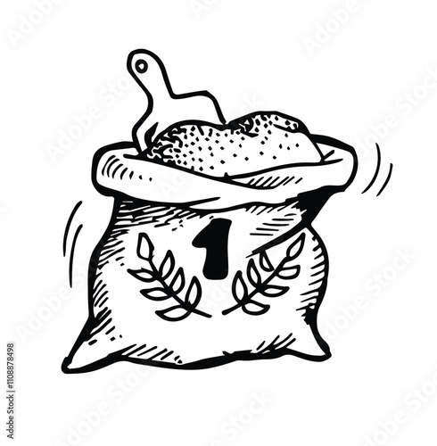 Hand-drawn sack of flour with wheat ears, bag of flour hand drawn sketch isolated on white background