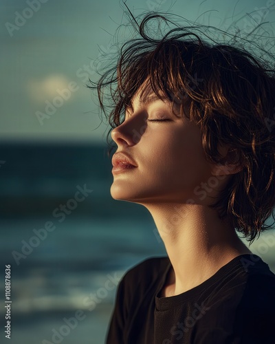 Serene Woman Meditating on Ocean Coast with Eyes Closed, Wellness and Mental Health Concept
