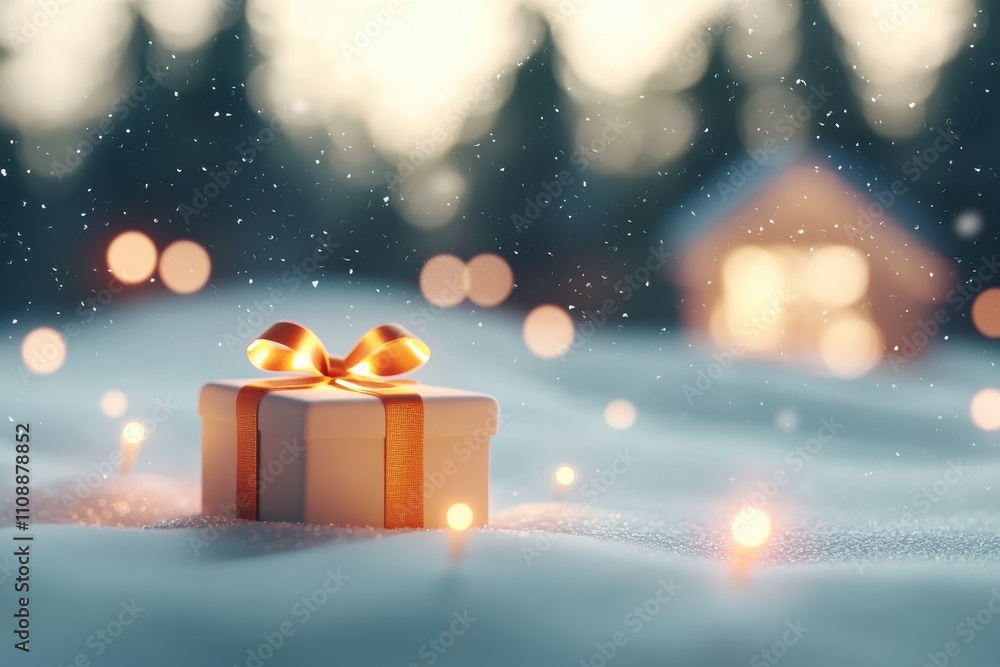 A beautifully wrapped gift sits on fresh snow, surrounded by soft glowing lights and a serene winter backdrop, evoking a cozy holiday atmosphere. A beautifully wrapped gift sits on fresh snow, surrounded by soft glowing lights and a serene winter backdrop, evoking a cozy holiday atmosphere.