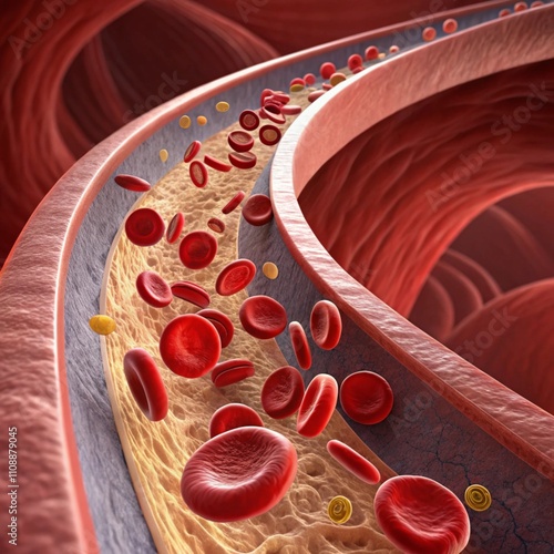 3D Illustration of Blood Flow with Detailed Red Blood Cells and Platelets in a Vascular System photo