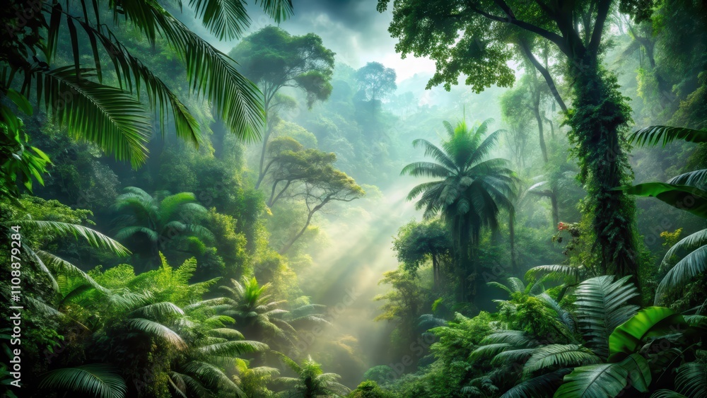 Foggy exotic forest with lush green jungle and misty atmosphere, exotic, foggy, forest, jungle, panorama, oasis, dark, natural, landscape Foggy exotic forest with lush green jungle and misty atmosphere, exotic, foggy, forest, jungle, panorama, oasis, dark, natural, landscape