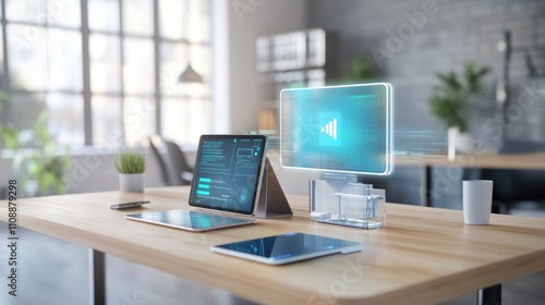 Wallpaper Mural Modern Office Workspace with Digital Interface and Tech Devices Torontodigital.ca