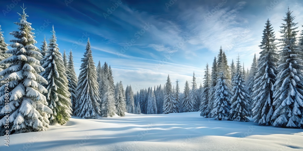 Obraz premium Snow-covered landscape with tall pine trees, winter, snowy, scenic, white, cold, snowy trees