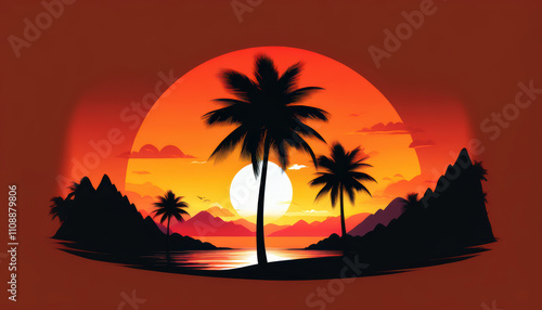 Logo in the form of a stylized image of the sun with rays forming the silhouette of a palm tree. The logo is made in warm orange-red colors. photo