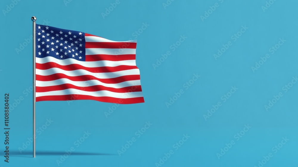 Obraz premium American flag waving on a solid blue background, concept of patriotism and national pride