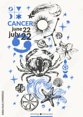 Hand drawn cancer zodiac sign illustration, horoscope background with astrology symbols and talismans.