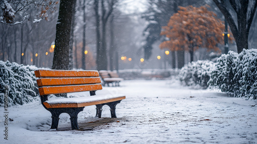 a wooden bench in the city park at winter Empty bench covered with snow photo