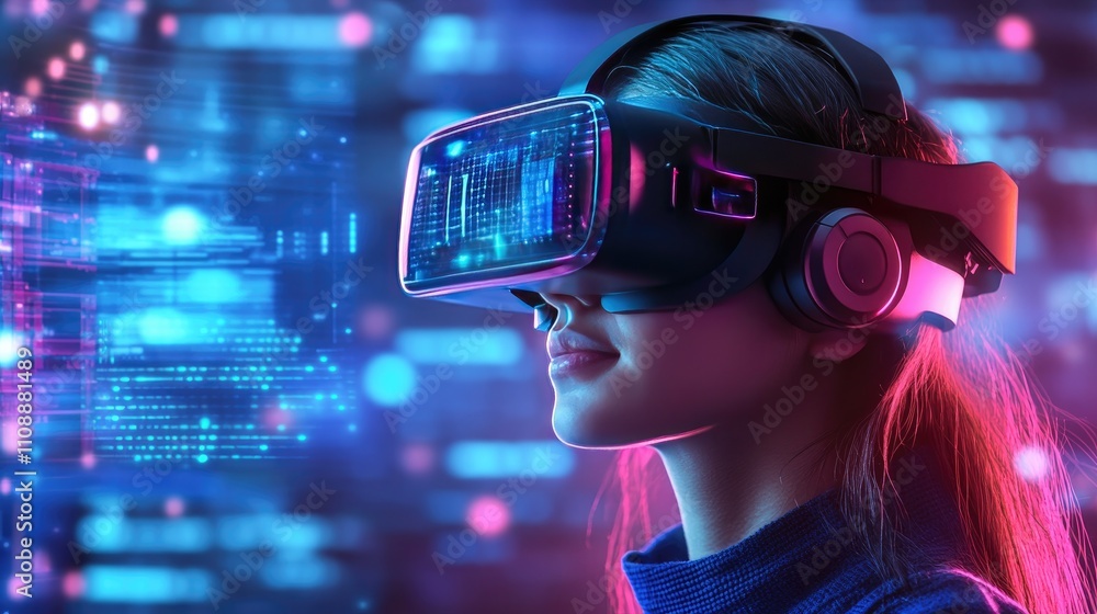 Woman Wearing Virtual Reality Headset in Futuristic Environment Woman Wearing Virtual Reality Headset in Futuristic Environment