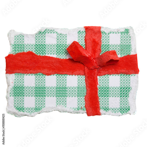 Obraz na płótnie Green Gift with Ribbon, Paper Tear, Christmas Ornaments w salonie