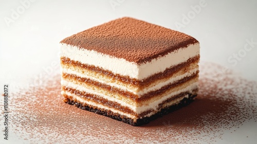 Delicious layered tiramisu dessert on a white plate with cocoa powder topping on a white background 