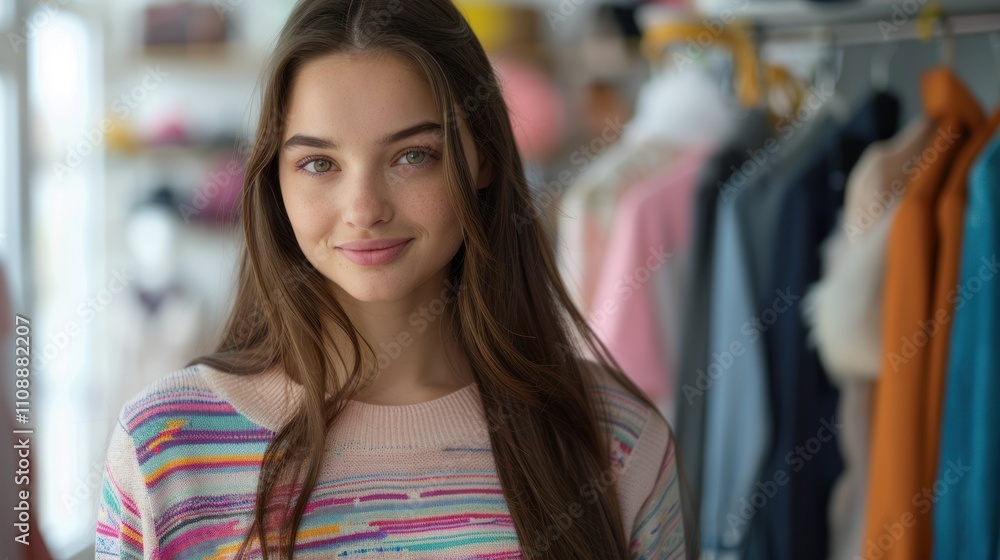 A young woman with long hair smiles confidently while standing in front of a rack of elegant clothes, surrounded by stylish outfits. A young woman with long hair smiles confidently while standing in front of a rack of elegant clothes, surrounded by stylish outfits.