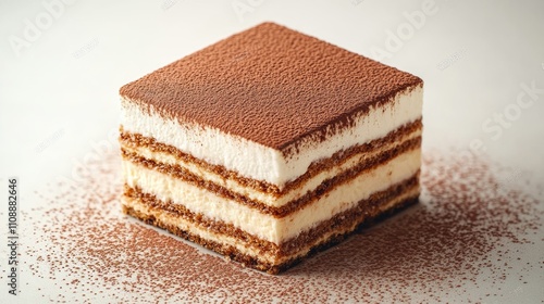 Delicious layered tiramisu dessert on a white plate with cocoa powder topping on a white background 