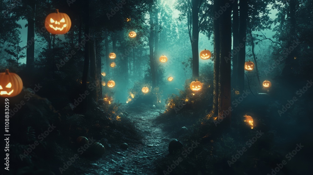 Fototapeta premium Dark forest with a hidden pathway lined with glowing pumpkins and floating ghostly shapes