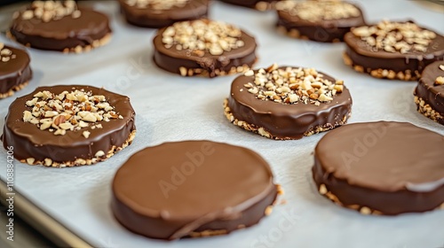 Chocolate wafers dipped halfway in melted chocolate and topped with crushed nuts on parchment paper.