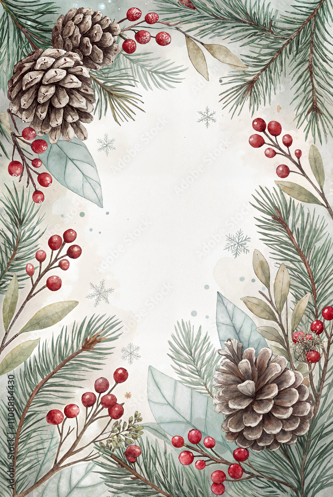 Fototapeta premium Christmas frame with pinecones, holly, and red berries