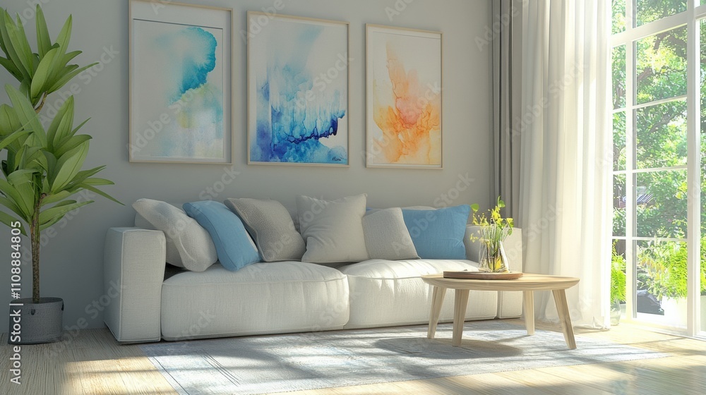 Naklejka premium A bright and airy living room featuring a comfy sofa, light curtains, and playful art on the walls