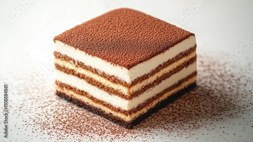 Delicious layered tiramisu dessert on a white plate with cocoa powder topping on a white background 