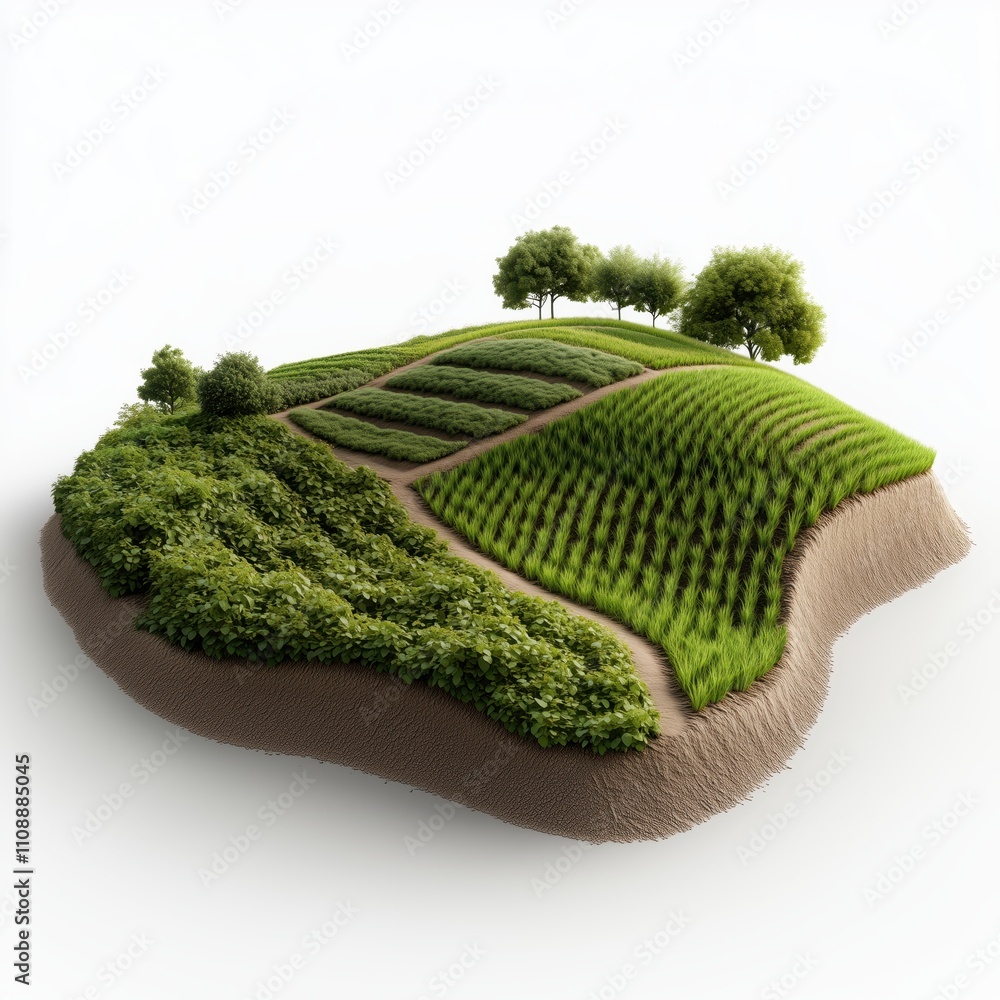 Fototapeta premium Isometric view of high-fidelity cropland with diverse crops and trees on a white background