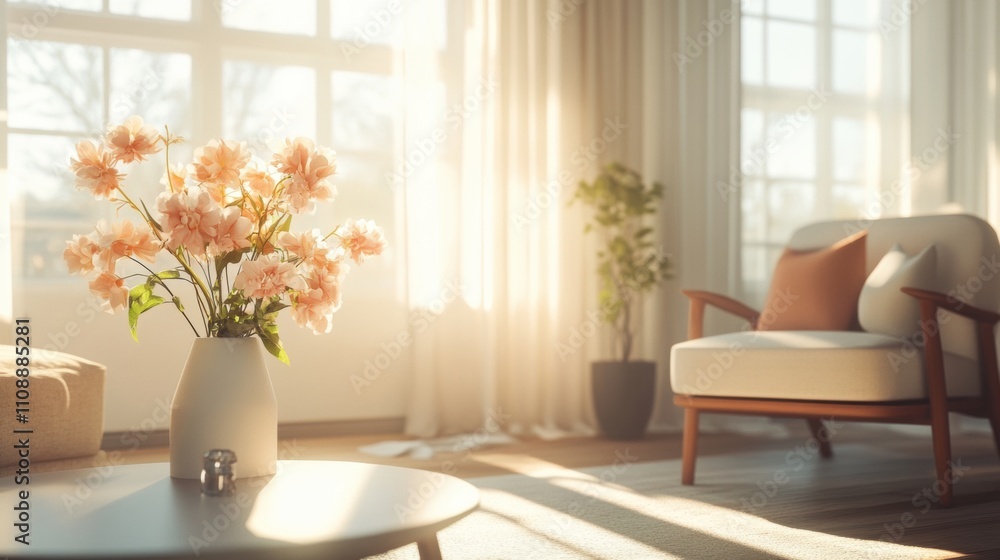 Fototapeta premium A bright and welcoming living room with soft sunlight pouring in, a vase of fresh flowers on the table, and a comfortable armchair