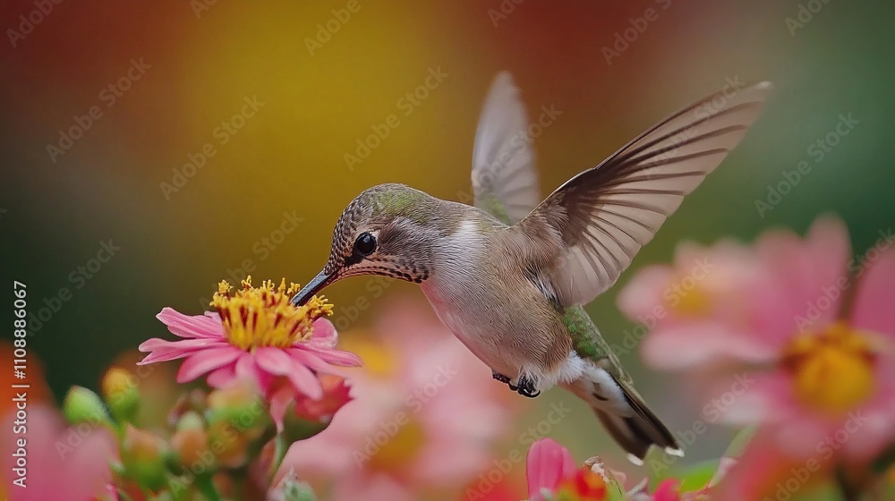 Fototapeta premium A hummingbird feeding on a vibrant flower amidst a colorful garden backdrop.