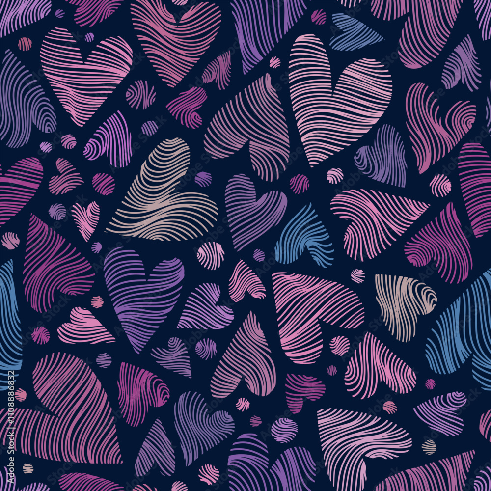 Fototapeta premium Seamless Vector Pattern with Pastel Hearts and Circles on Dark Blue Background