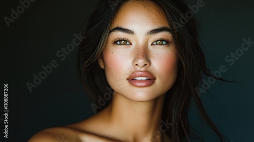 A close-up portrait of a stunning woman with natural makeup, soft lighting emphasizing her radiant beauty photo