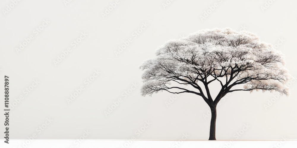 Obraz premium A solitary tree stands against a minimalistic white background, showcasing its intricate branches and serene beauty.
