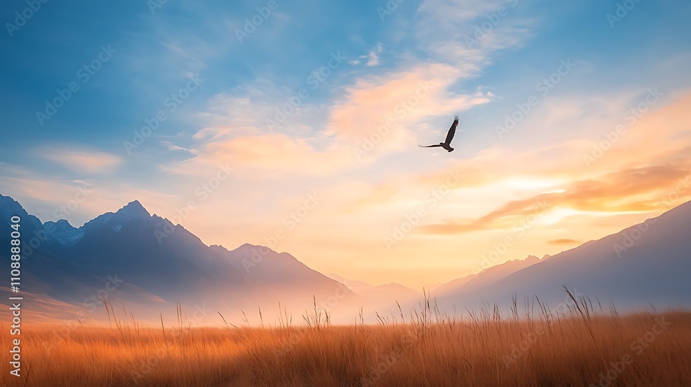 Obraz premium Nature’s scenic sunrise wild animals in serene mountains and grasslands captivating view