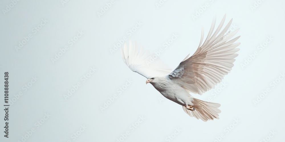 Fototapeta premium A white bird gracefully flies against a pale background, showcasing its delicate wings and serene presence.