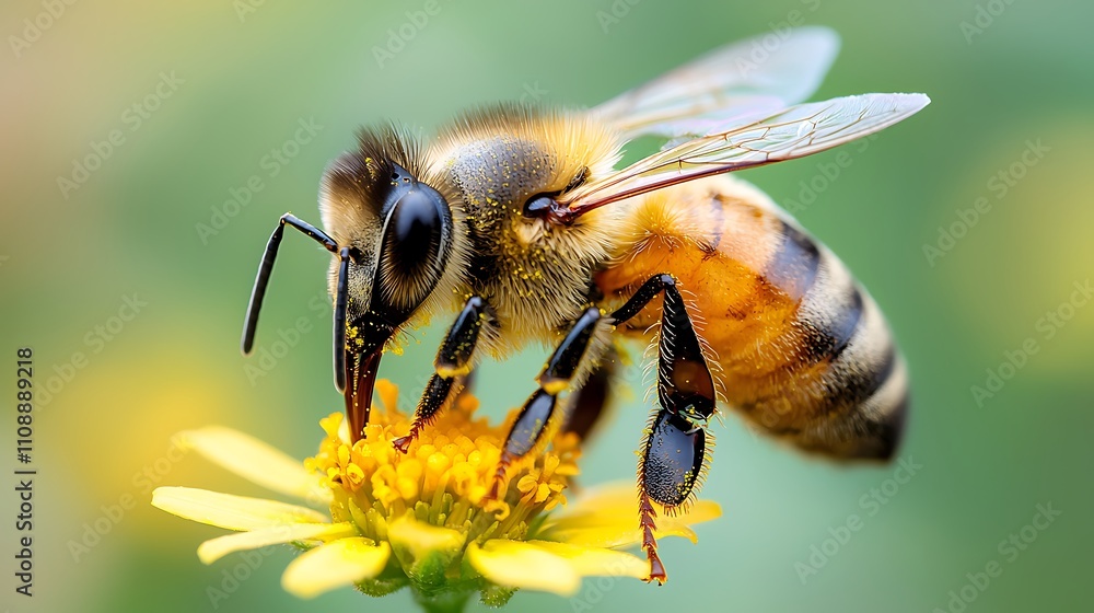 Macro photography of a pollinating bee on a bright yellow flower in vibrant wildlife habitat Macro photography of a pollinating bee on a bright yellow flower in vibrant wildlife habitat