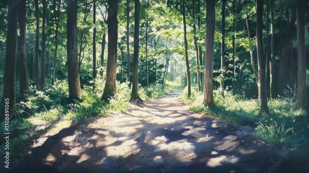 Obraz premium Soft sunlight filtering through a dense forest canopy, creating dappled shadows on the ground