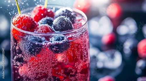 Sparkling Berry Soda: A glass of sparkling berry soda, with fresh berries floating and ice creating a refreshing look photo