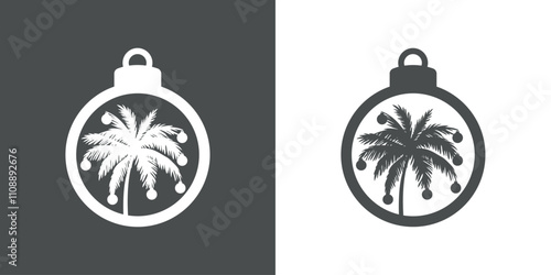 Navidad en Hawái. Palmera decorada con bolas de navidad. Logo con silueta de bola de navidad con la palma para tarjetas y felicitaciones