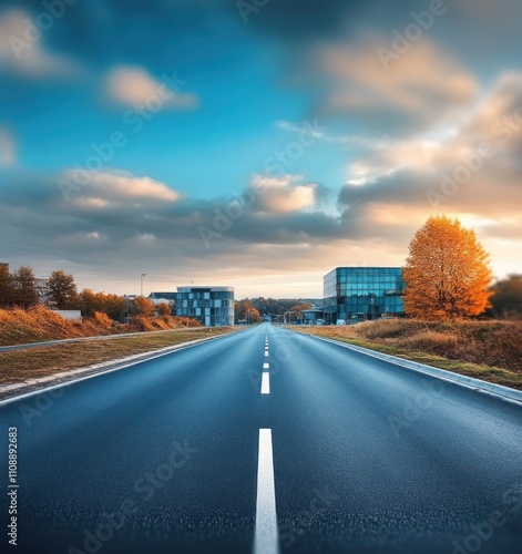 Asphalt Road Leading to Modern Buildings Under a Dramatic Sky