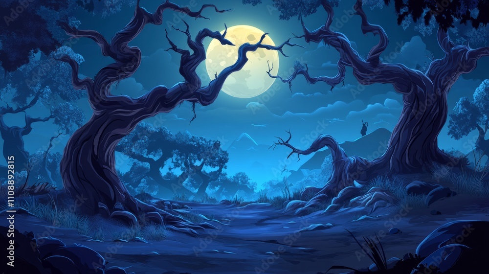 Obraz premium Spooky Haunted Forest with Twisted Trees and a Gloomy Atmosphere 