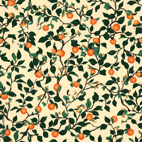 Seamless pattern of orange tree branches with fruits and flowers on a beige background.
