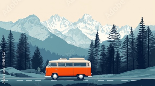 Vector art of a retro camper van on a road trip, with scenic views of mountains and forests photo