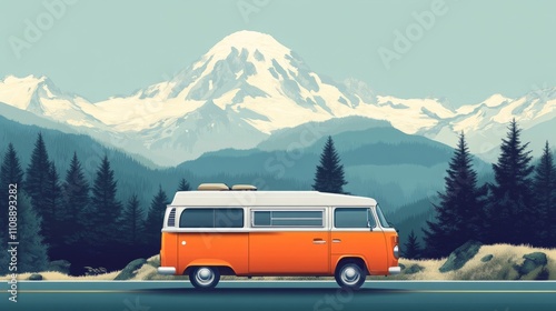 Vector art of a retro camper van on a road trip, with scenic views of mountains and forests photo