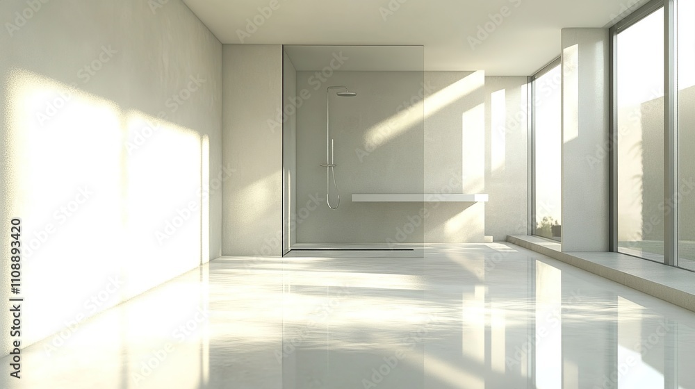 A minimalist interior space featuring a shower, large windows, and polished floors. A minimalist interior space featuring a shower, large windows, and polished floors.