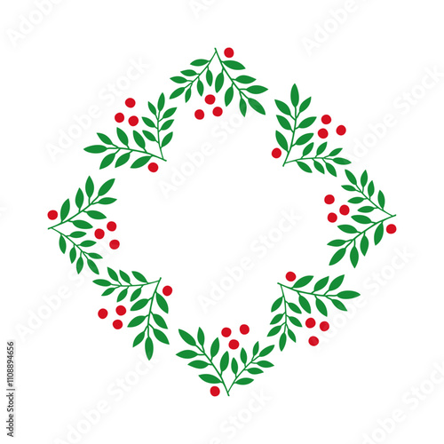Tiempo de Navidad. Decoración primaveral. Logo con corona navideña con forma de estrella o cruz con hojas y bayas para tarjetas y felicitaciones