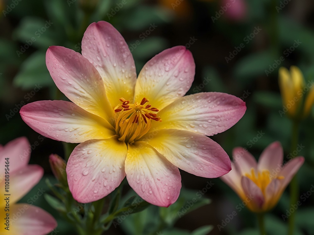 Fototapeta premium Spectacular flower with long yellow pistil and large pink petals.