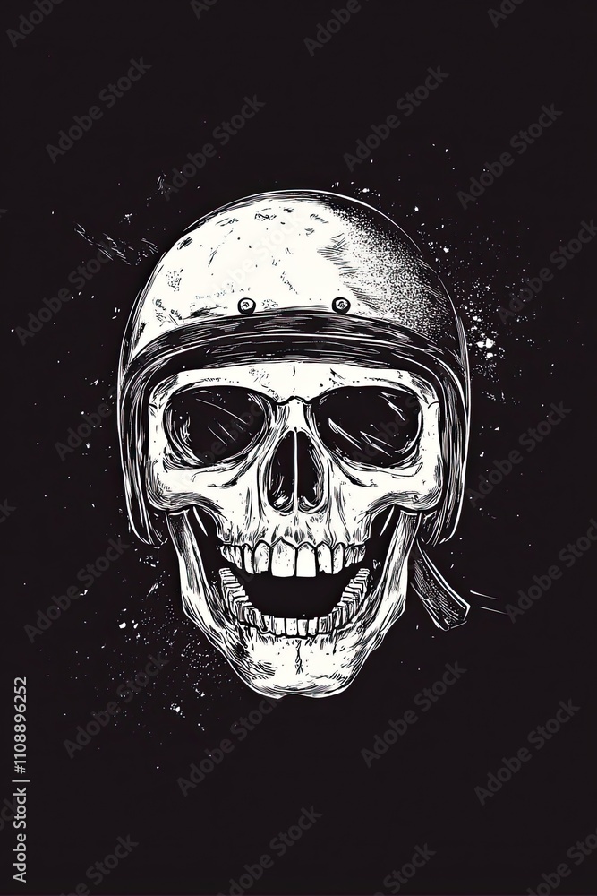 Biker skull logo for tattoo in white ink with helmet details on a solid black surface Biker skull logo for tattoo in white ink with helmet details on a solid black surface