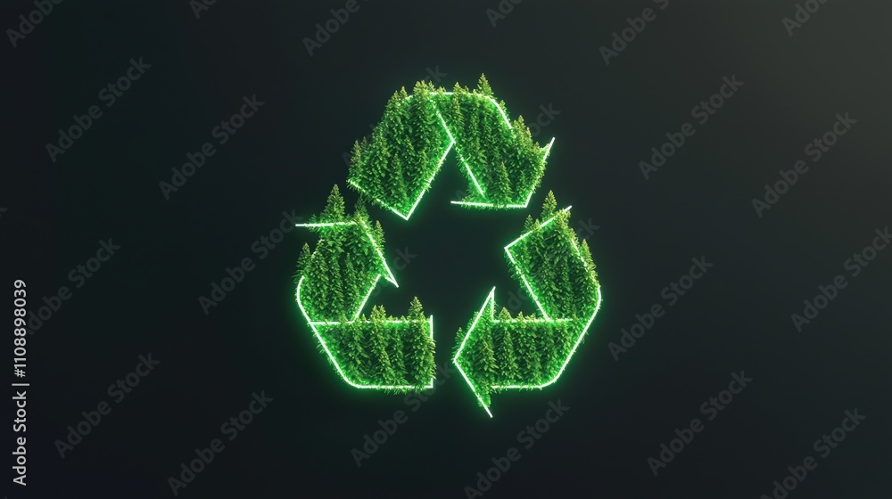 A glowing green recycling symbol made of trees, representing sustainability and eco-friendliness against a dark background. A glowing green recycling symbol made of trees, representing sustainability and eco-friendliness against a dark background.