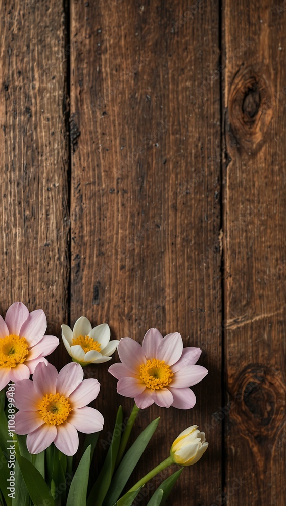 Obraz premium Spring flowers arranged on a wooden background.
